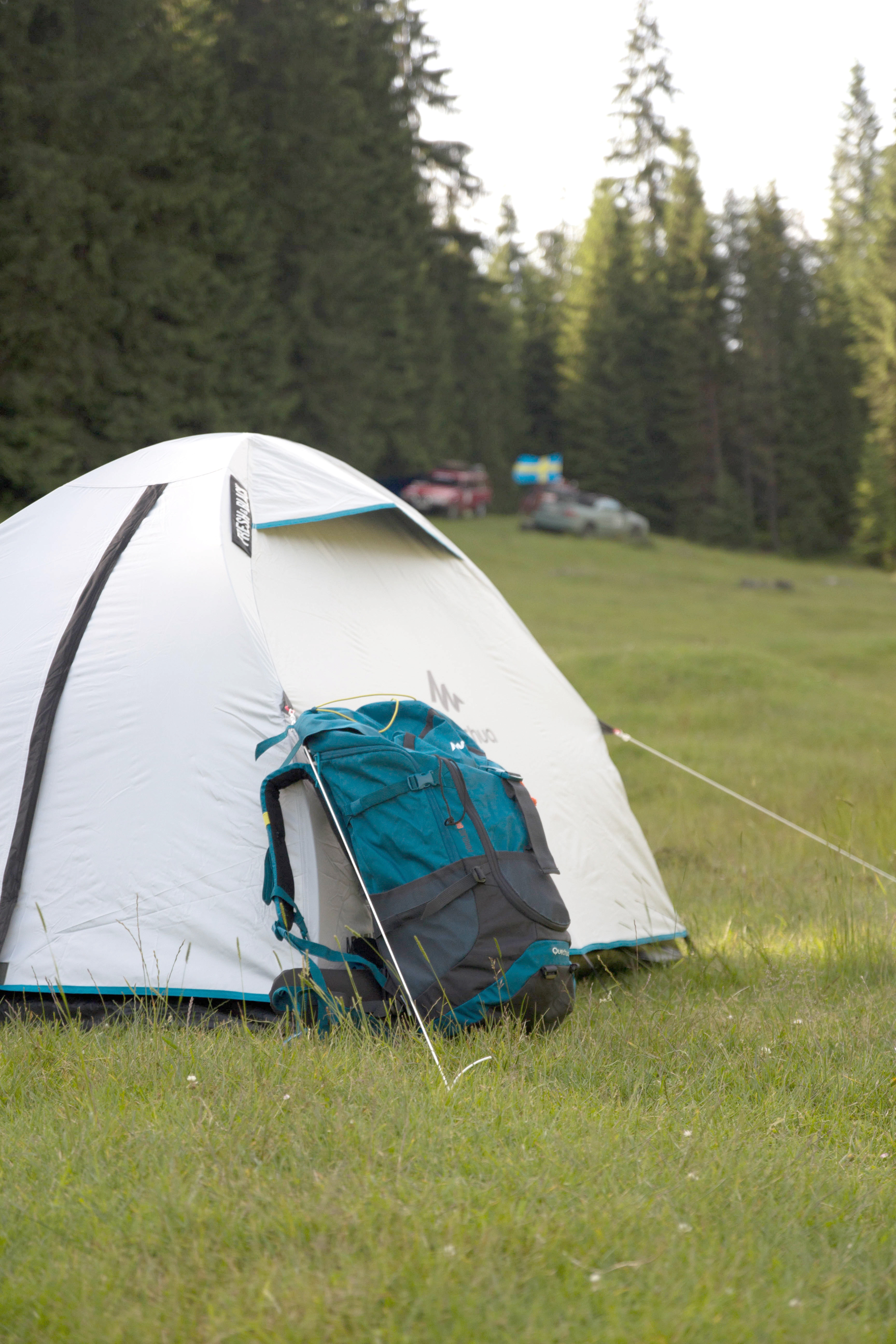 Bild visar ett t&auml;lt p&aring; en gr&auml;spl&auml;tt i naturen med skog i bakgrunden.