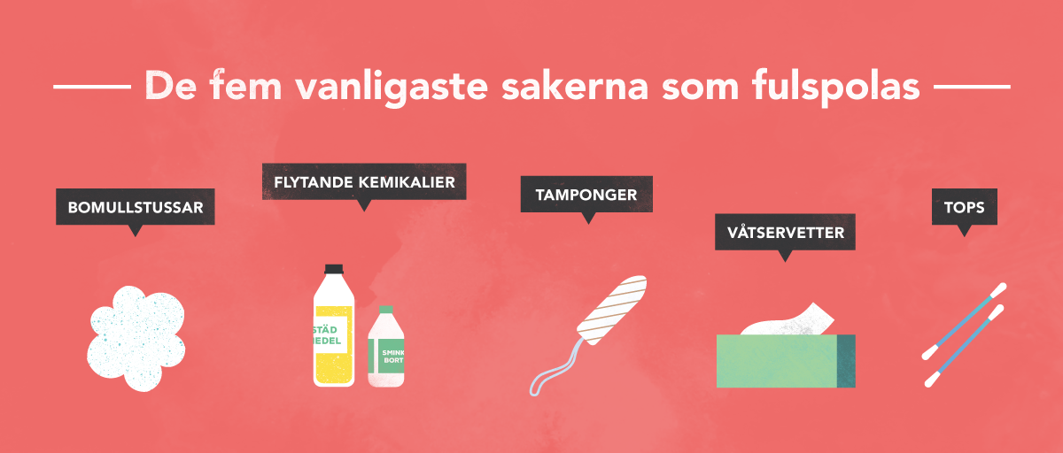 Bilden visar de fem vanligaste sakerna som spolas ner trots att de inte ska det: bomullstussar, flytande kemikalier, tamponger, våtservetter och tops