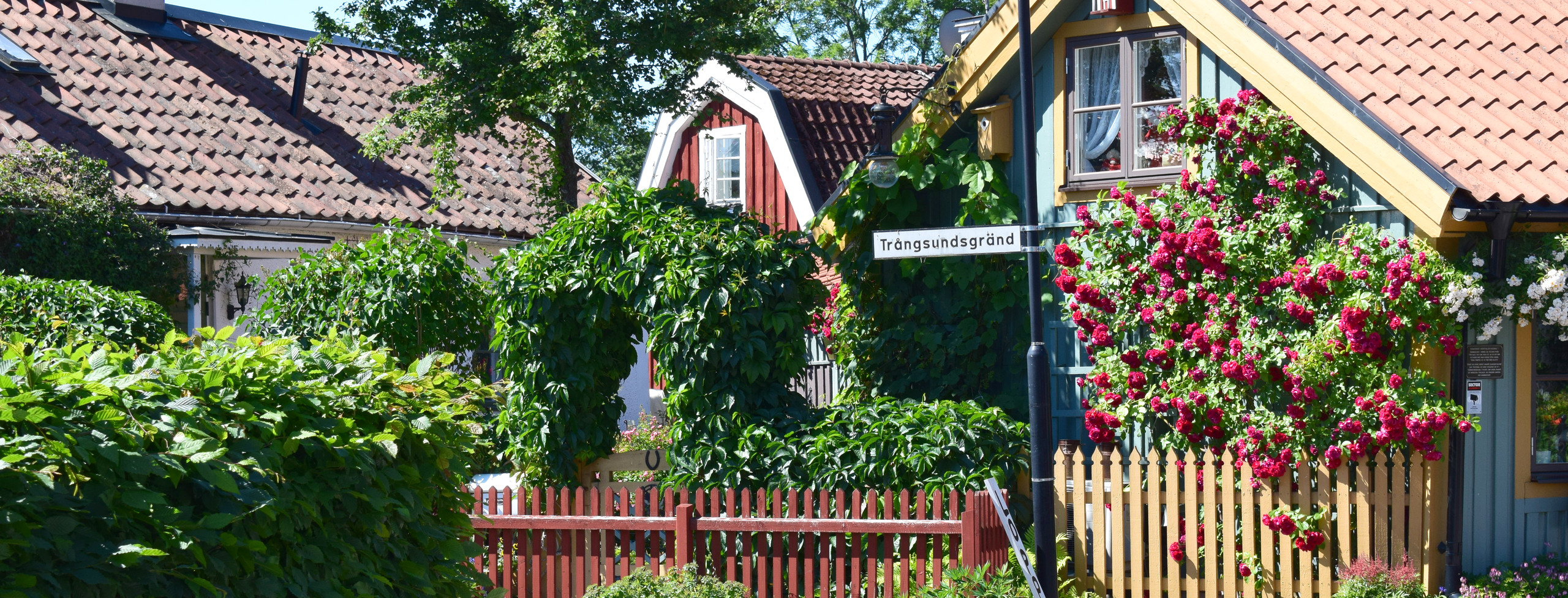 Bild visar låga trähus vid Trångsundsgränd