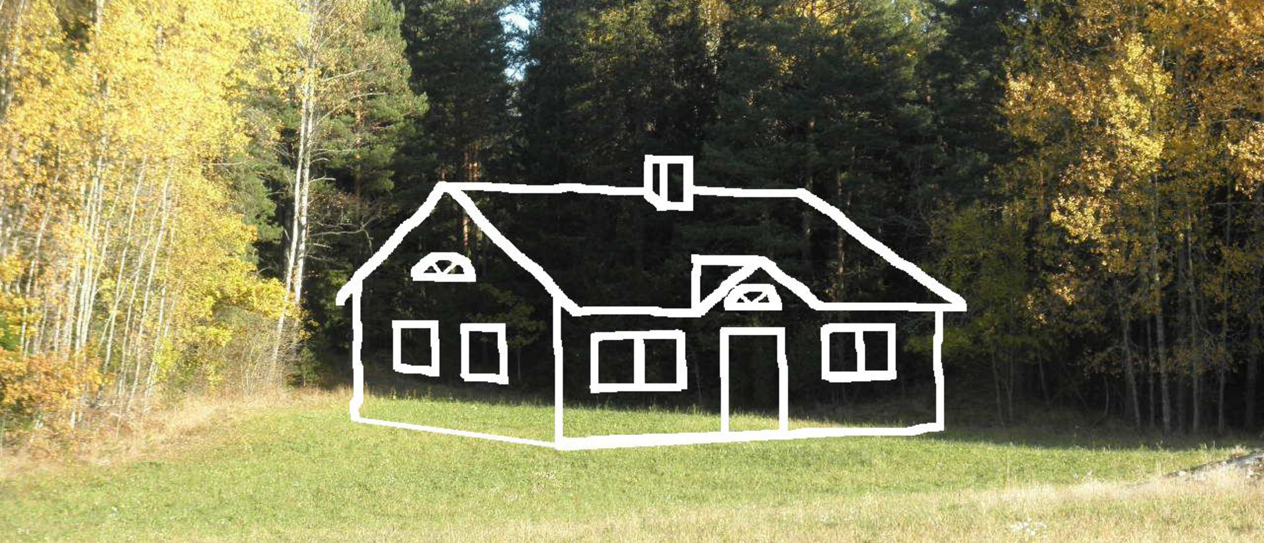 Skiss på ett nytt hus på en gräsmatta invid en skog